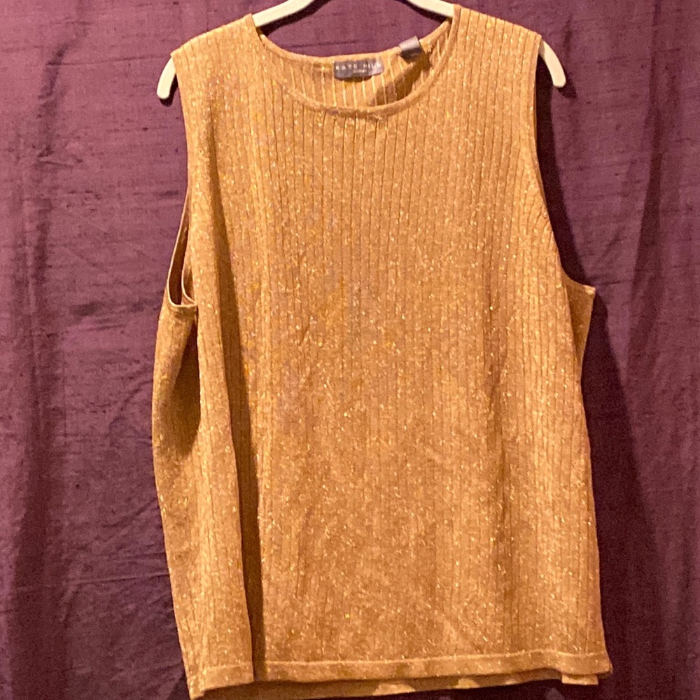 Camel Ribbed Tank With Metallic Gold Threads - Gem